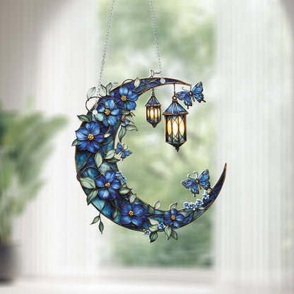 Blue Moon and Lantern Window Hanging, Floral Dreamy Home Decor, Butterfly and Flower Accent Decoration