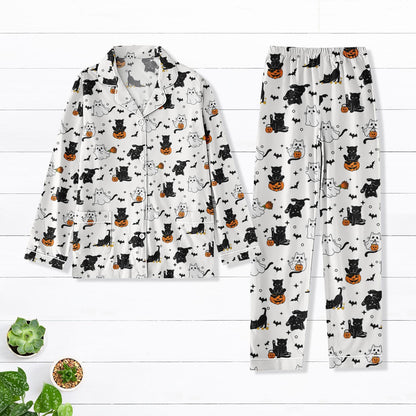Black Cat Halloween Pajamas Set, Spooky Matching Pajamas Set, Cute Ghost Pajamas For Her, Cozy Fall Pajama Outfit For Her