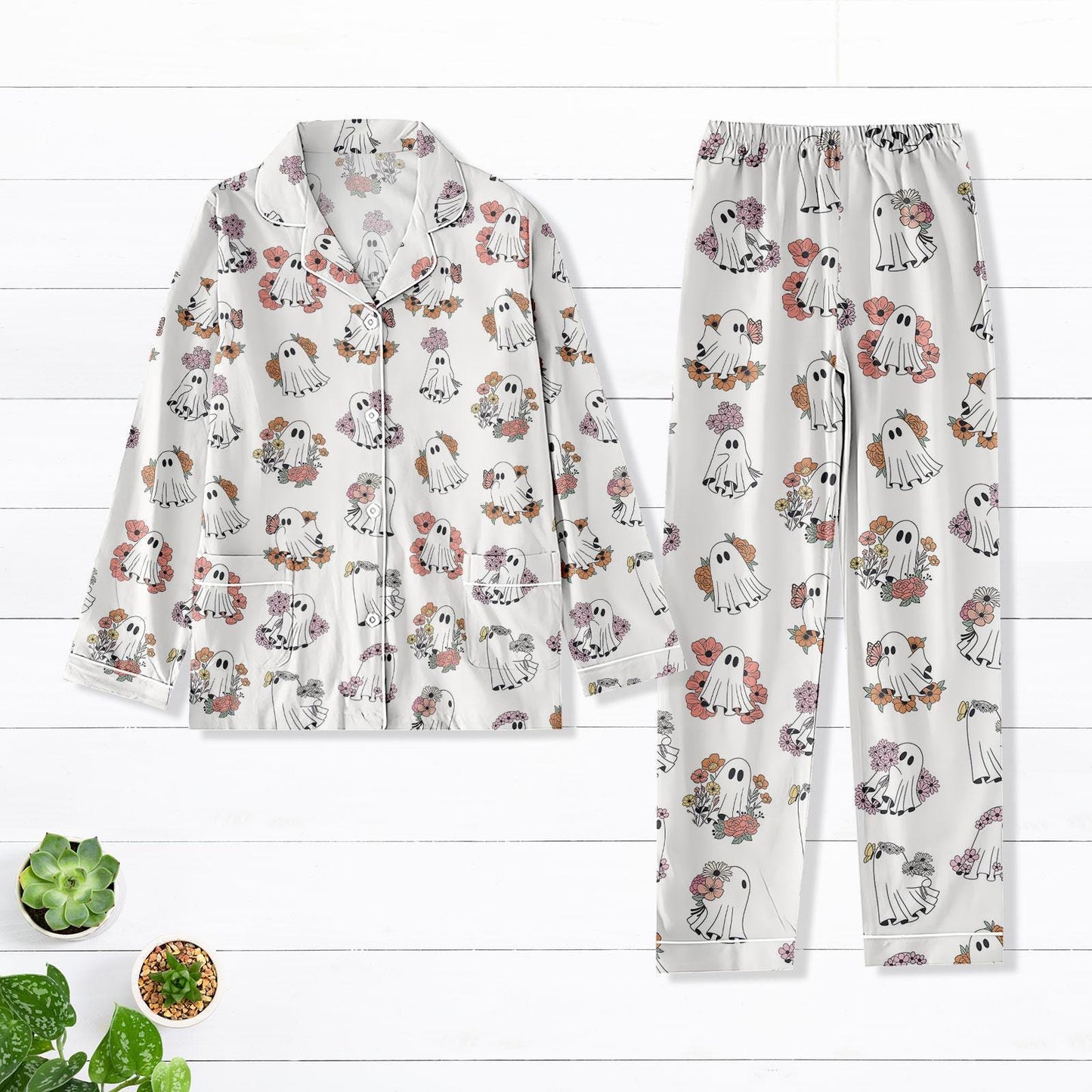 Cute Halloween Boo Floral Pajamas Set, Spooky Ghost Pajamas For Women, Halloween Season Pajamas Family, Cute Halloween Pajamas