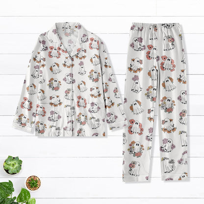Cute Halloween Boo Floral Pajamas Set, Spooky Ghost Pajamas For Women, Halloween Season Pajamas Family, Cute Halloween Pajamas