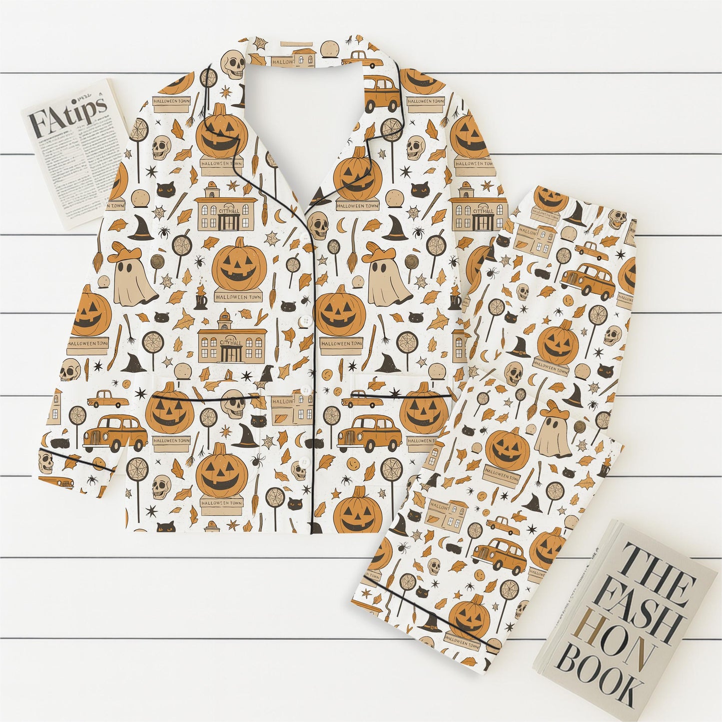 Halloween Town Pumpkin Pajamas Set, Ghost Pumpkin Witch Sleepwear, Halloween Pattern Loungewear, Spooky Season Gift, Halloween Gift
