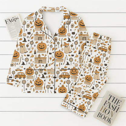 Halloween Town Pumpkin Pajamas Set, Ghost Pumpkin Witch Sleepwear, Halloween Pattern Loungewear, Spooky Season Gift, Halloween Gift