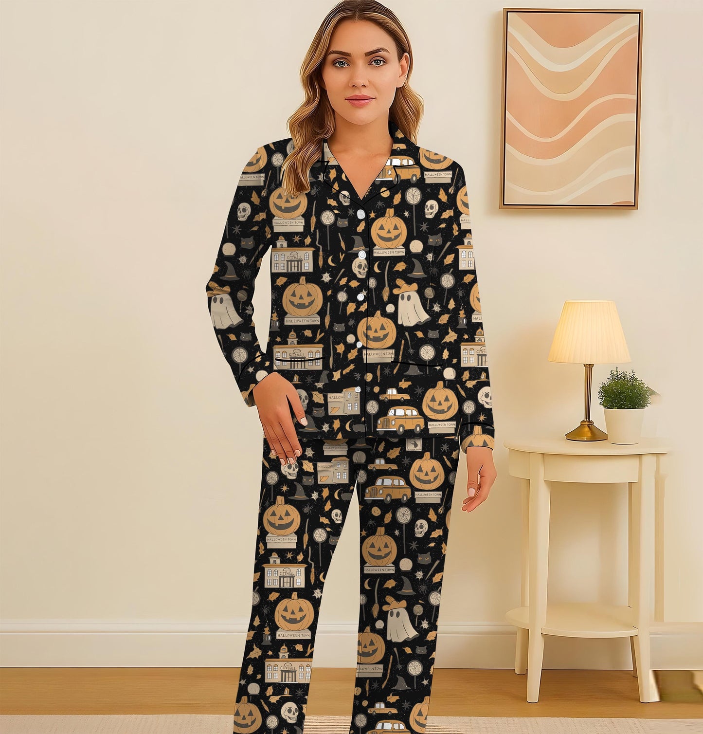 Halloween Town Pumpkin Pajamas Set, Ghost Pumpkin Witch Sleepwear, Halloween Pattern Loungewear, Spooky Season Gift, Halloween Gift