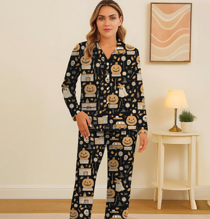 Halloween Town Pumpkin Pajamas Set, Ghost Pumpkin Witch Sleepwear, Halloween Pattern Loungewear, Spooky Season Gift, Halloween Gift