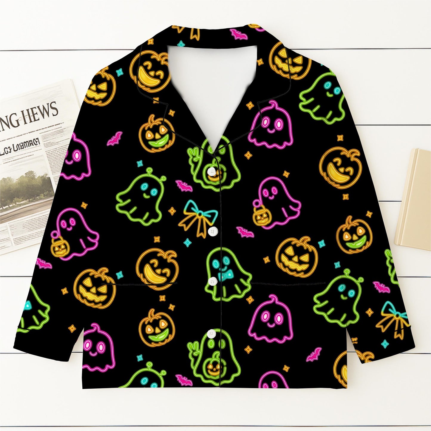 Halloween Neon Ghost And Pumpkin Pajamas Set, Cute Boo Sleepwear, Cozy Loungewear, Spooky Season Gift, Black Homewear, Halloween Gift