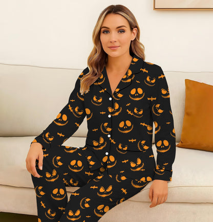 Halloween Spooky Pumpkin Face Pajamas Set, Scary Pumpkin Sleepwear, Cozy Loungewear, Spooky Season Gift, Halloween Gift