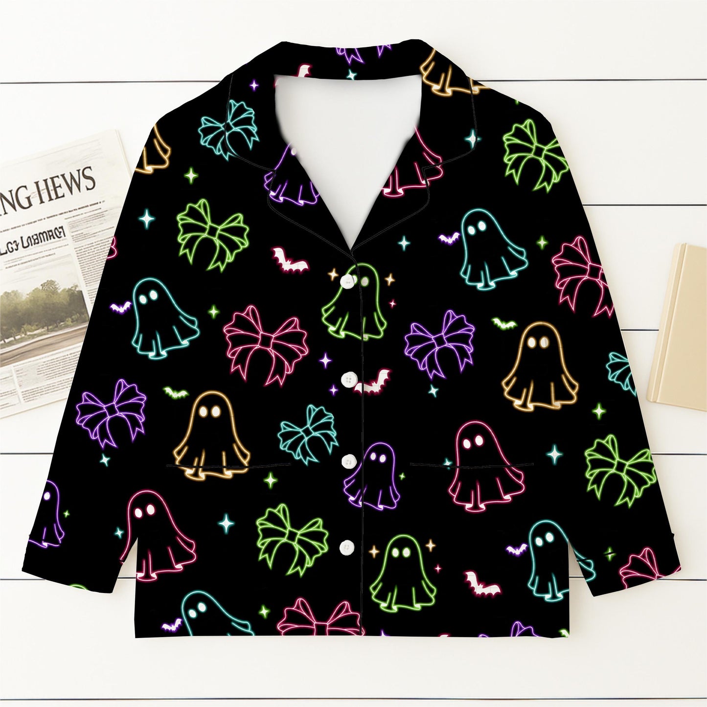 Halloween Neon Ghost And Bow Pajamas Set, Coquette Bow Sleepwear, Halloween Ghost Homewear, Spooky Season Gift, Halloween Gift