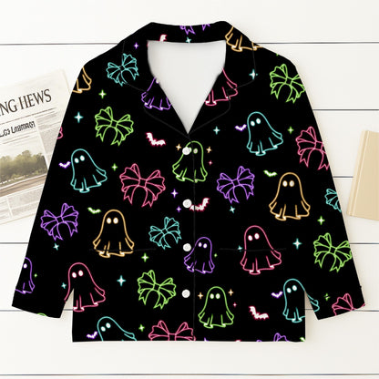 Halloween Neon Ghost And Bow Pajamas Set, Coquette Bow Sleepwear, Halloween Ghost Homewear, Spooky Season Gift, Halloween Gift