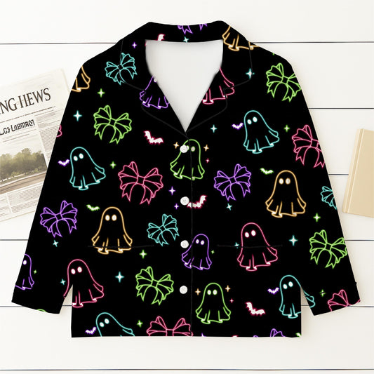 Halloween Neon Ghost And Bow Pajamas Set, Coquette Bow Sleepwear, Halloween Ghost Homewear, Spooky Season Gift, Halloween Gift