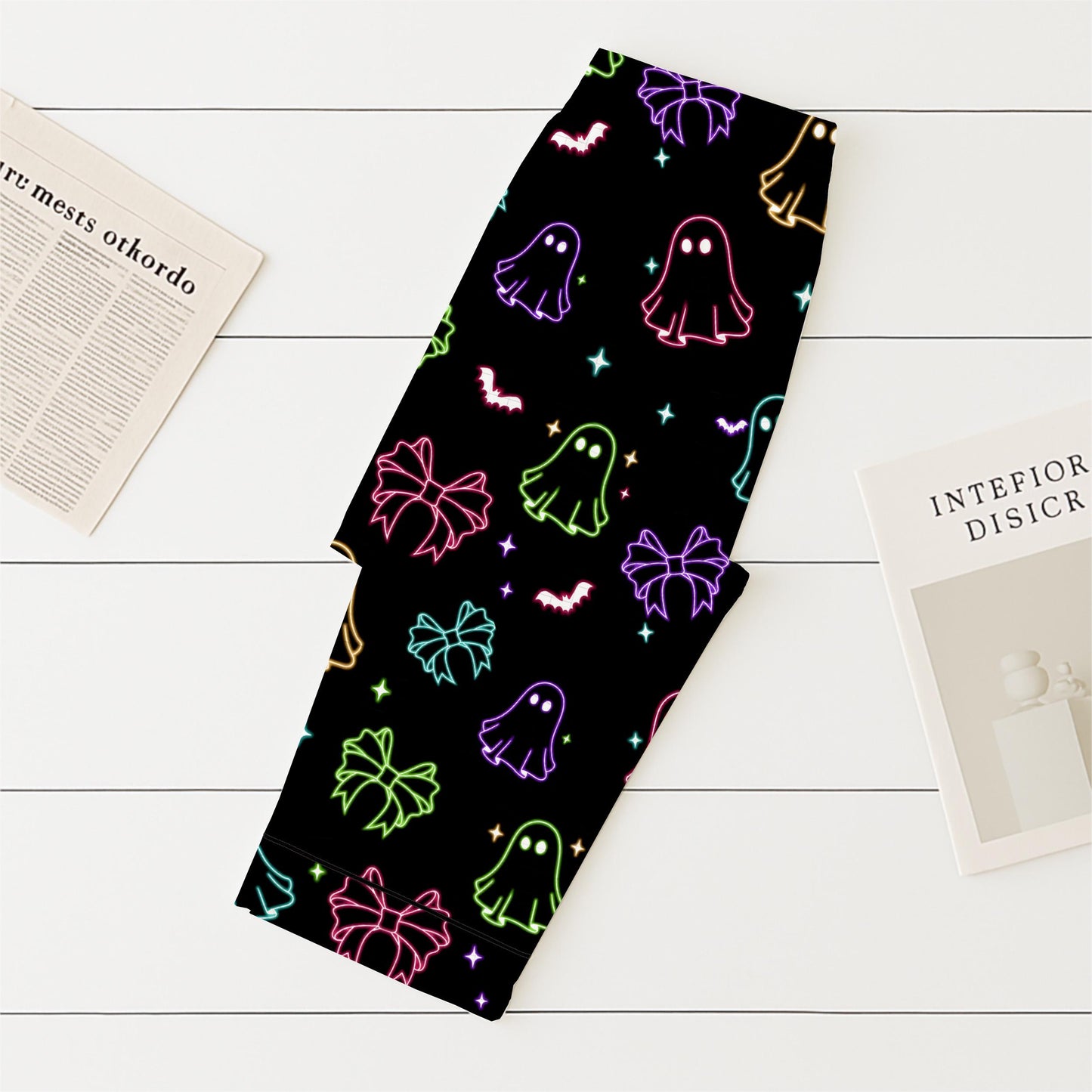 Halloween Neon Ghost And Bow Pajamas Set, Coquette Bow Sleepwear, Halloween Ghost Homewear, Spooky Season Gift, Halloween Gift