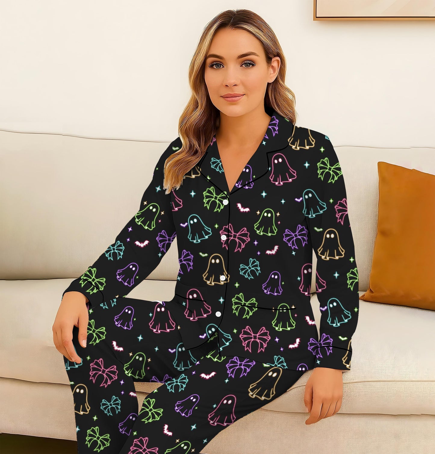 Halloween Neon Ghost And Bow Pajamas Set, Coquette Bow Sleepwear, Halloween Ghost Homewear, Spooky Season Gift, Halloween Gift