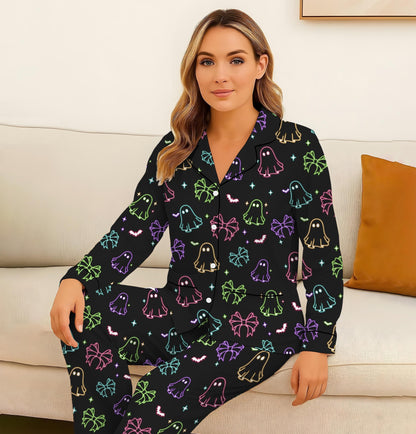 Halloween Neon Ghost And Bow Pajamas Set, Coquette Bow Sleepwear, Halloween Ghost Homewear, Spooky Season Gift, Halloween Gift