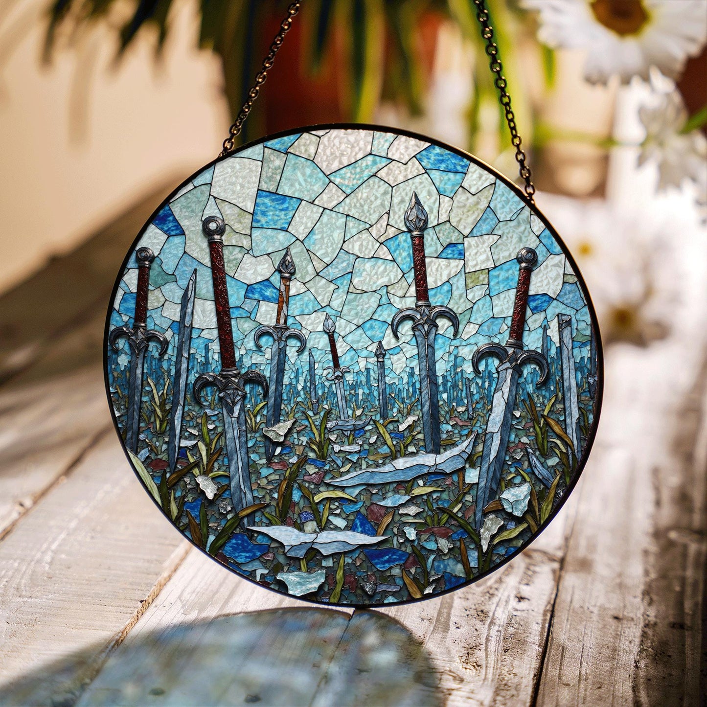 Sword field stained glass fantasy suncatcher mystical decor gift for him birthday Halloween gift