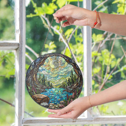 Moonlit forest river stained glass suncatcher landscape window decor gift for nature lover birthday or housewarming