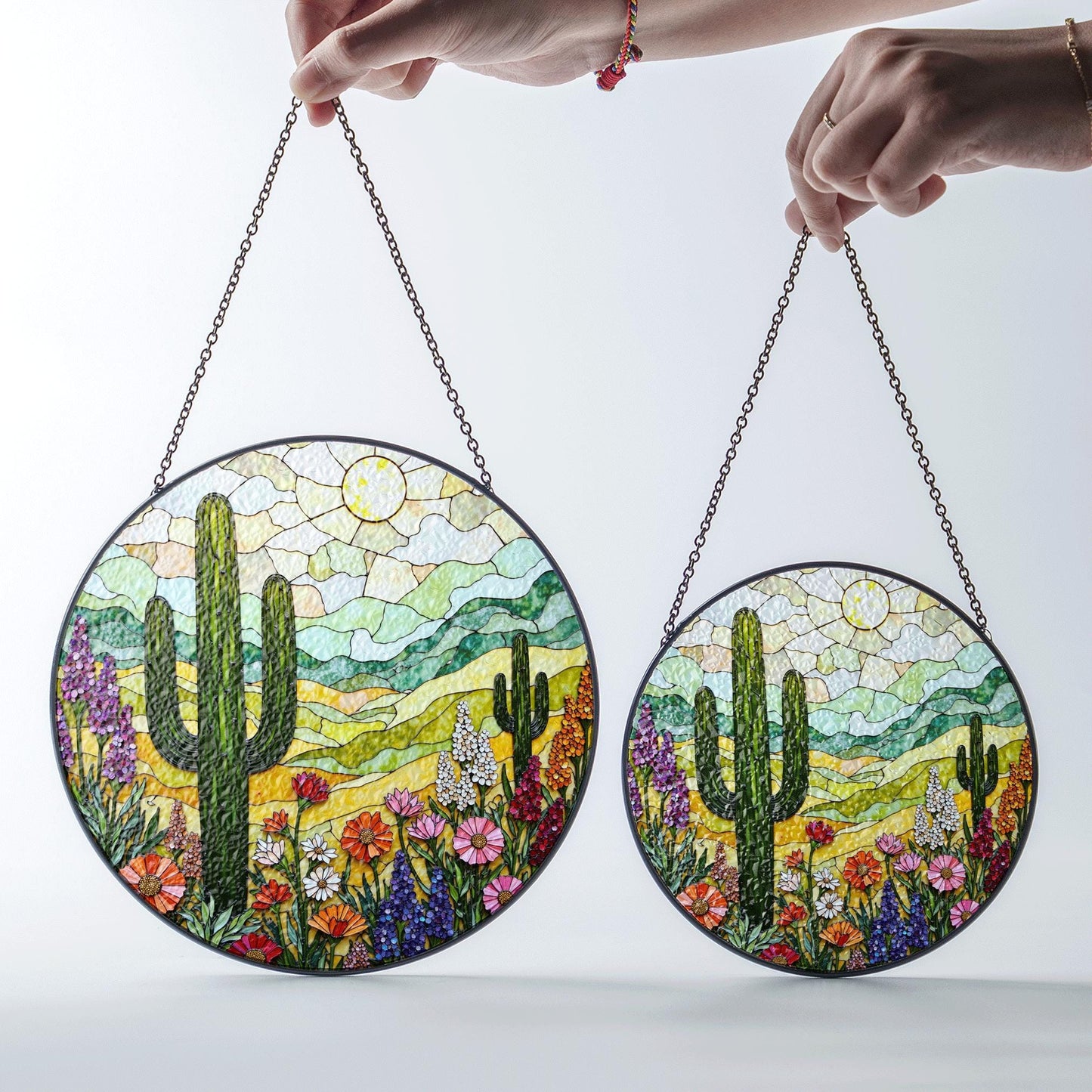 Colorful Desert Cactus Scene Round Suncatcher Window Hanging Southwest Decor Mothers Day Gift