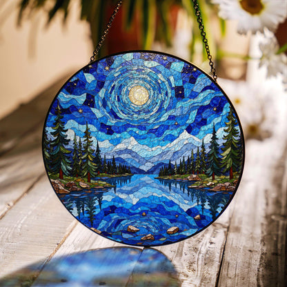 Moonlit lake forest stained glass suncatcher round window decor gift for nature lover or Christmas holiday