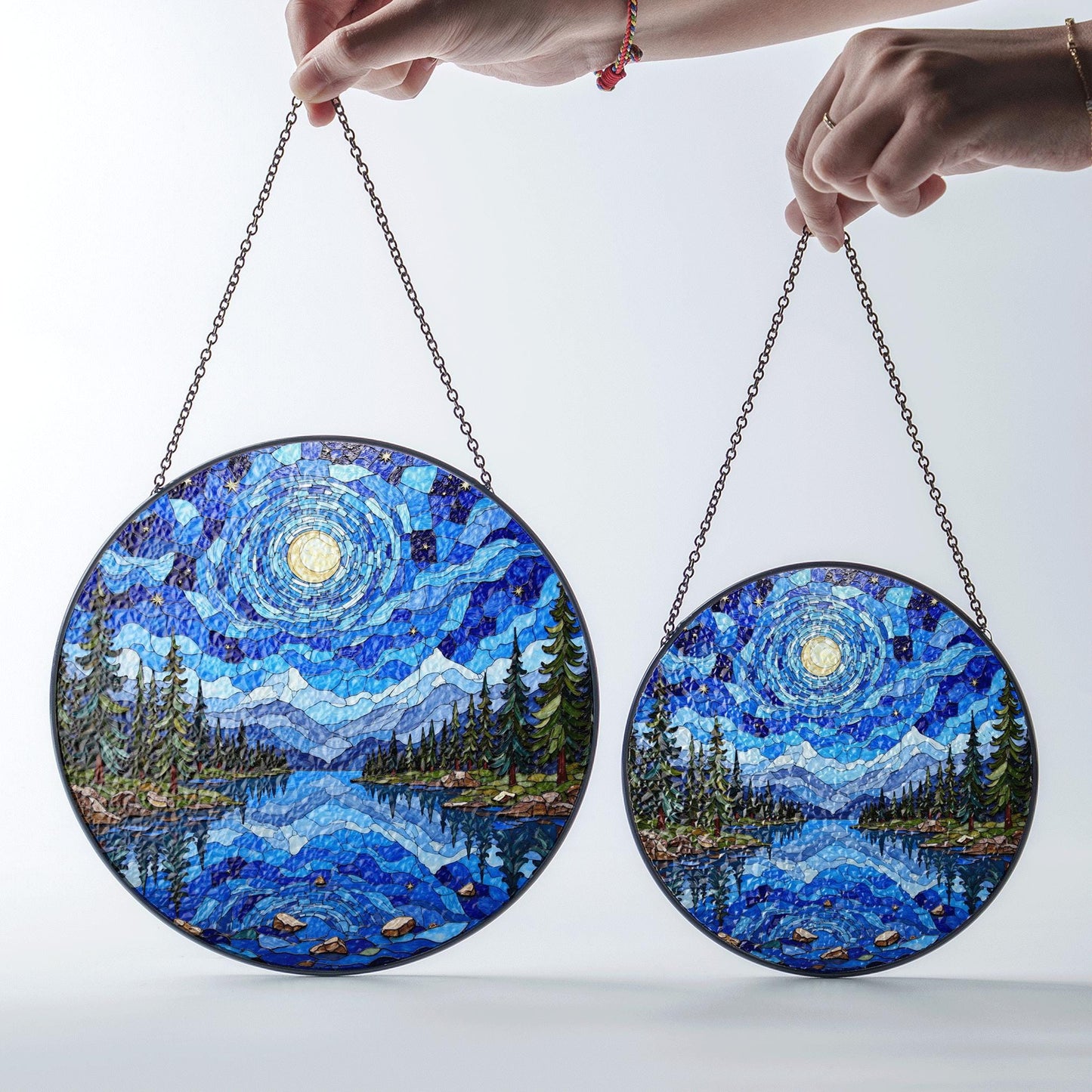 Moonlit lake forest stained glass suncatcher round window decor gift for nature lover or Christmas holiday