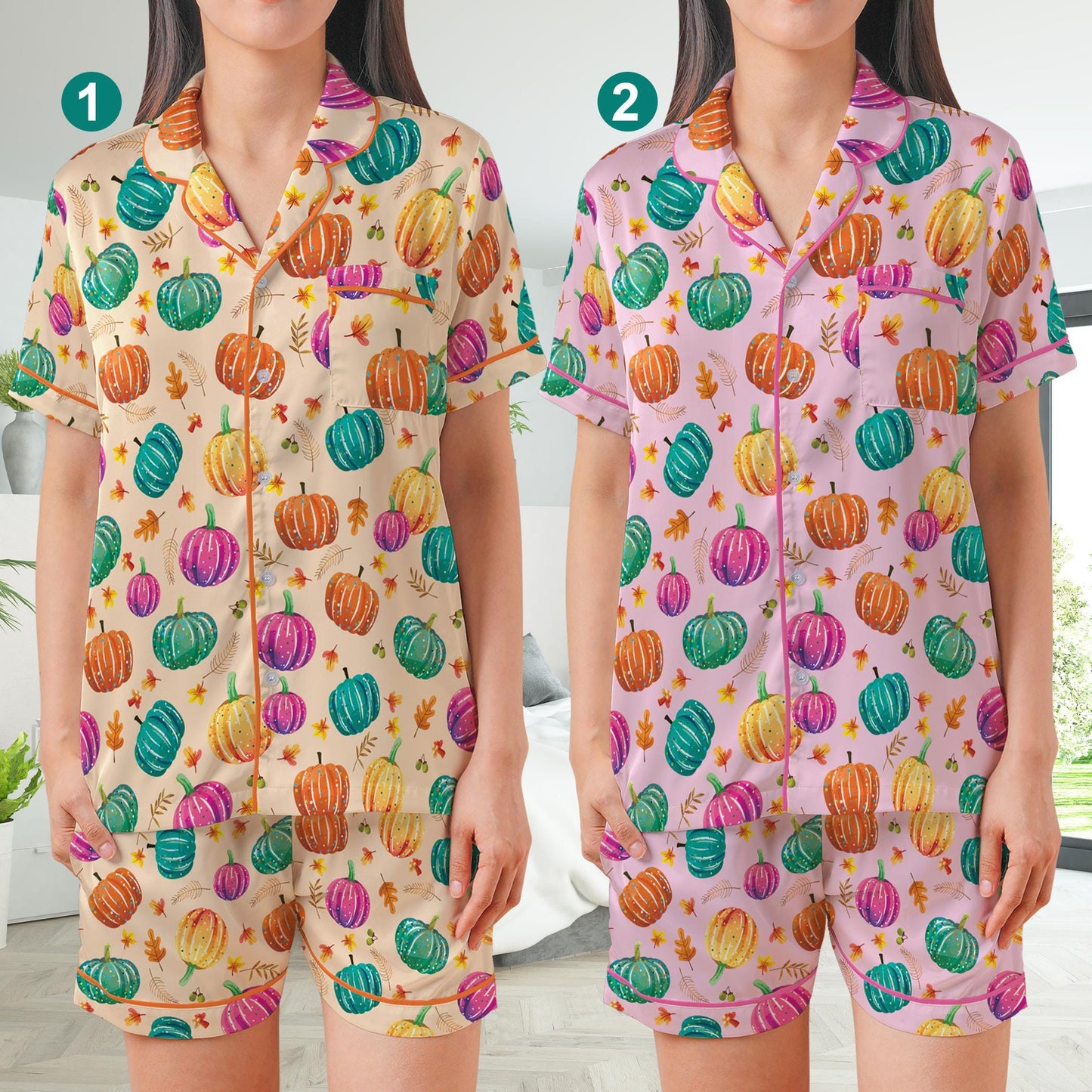 Cute Preppy Pumpkin Pajamas Set, Fall Pumpkin Pajama Sleepwear Short Long Sleeve Pajama Set, Retro Fall Vibes Home Wear, Pumpkin Season Set