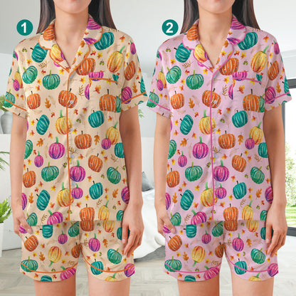 Cute Preppy Pumpkin Pajamas Set, Fall Pumpkin Pajama Sleepwear Short Long Sleeve Pajama Set, Retro Fall Vibes Home Wear, Pumpkin Season Set