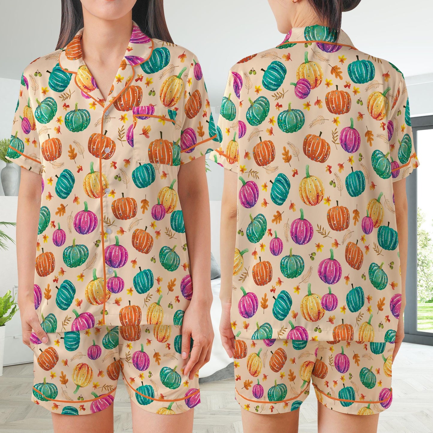 Cute Preppy Pumpkin Pajamas Set, Fall Pumpkin Pajama Sleepwear Short Long Sleeve Pajama Set, Retro Fall Vibes Home Wear, Pumpkin Season Set