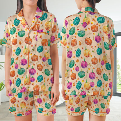 Cute Preppy Pumpkin Pajamas Set, Fall Pumpkin Pajama Sleepwear Short Long Sleeve Pajama Set, Retro Fall Vibes Home Wear, Pumpkin Season Set