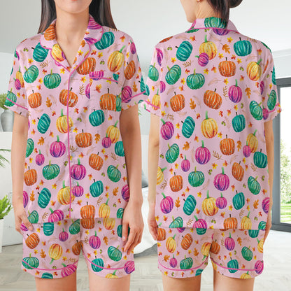 Cute Preppy Pumpkin Pajamas Set, Fall Pumpkin Pajama Sleepwear Short Long Sleeve Pajama Set, Retro Fall Vibes Home Wear, Pumpkin Season Set