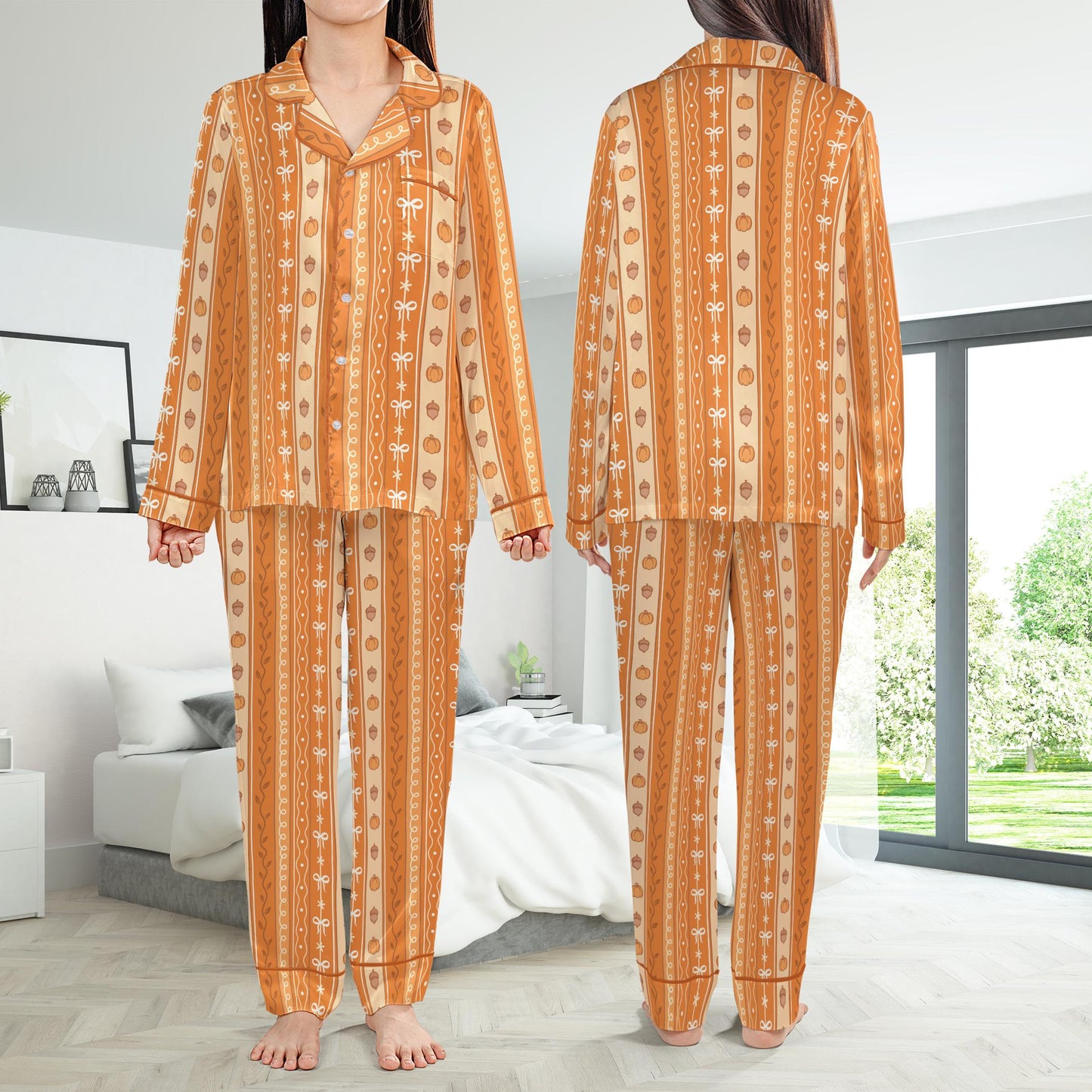 Cute Coquette Pumpkin Pajamas Set, Fall Pumpkin Pajama Sleepwear Short Long Sleeve Pajama Set, Fall Vibes Home Wear, Pumpkin Season Set