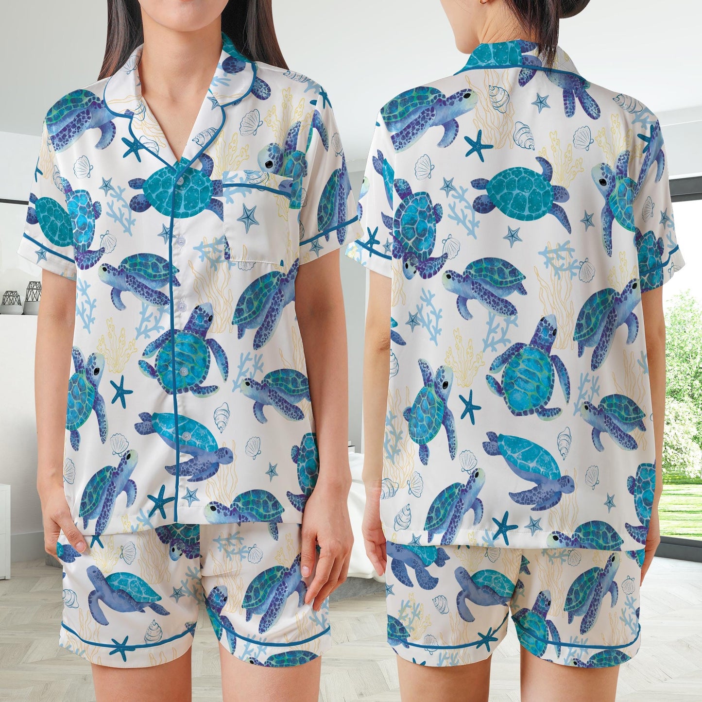 Cute Undersea Turtle Pajamas Set, Summer Vibes Pajama Sleepwear Short Long Sleeve Pajama Set, Sea Turtle Home Wear, Turtle Lover Gift