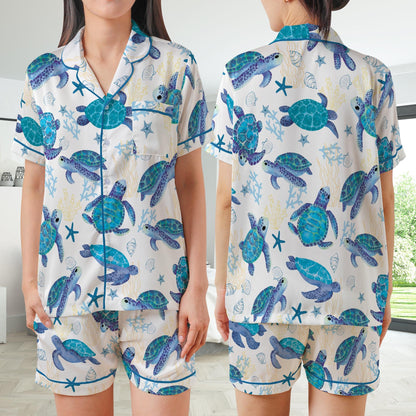 Cute Undersea Turtle Pajamas Set, Summer Vibes Pajama Sleepwear Short Long Sleeve Pajama Set, Sea Turtle Home Wear, Turtle Lover Gift