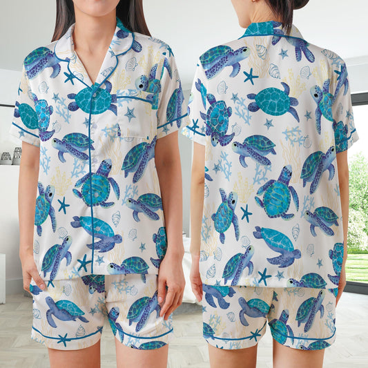 Cute Undersea Turtle Pajamas Set, Summer Vibes Pajama Sleepwear Short Long Sleeve Pajama Set, Sea Turtle Home Wear, Turtle Lover Gift