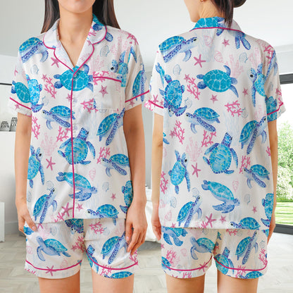 Cute Undersea Turtle Pajamas Set, Summer Vibes Pajama Sleepwear Short Long Sleeve Pajama Set, Sea Turtle Home Wear, Turtle Lover Gift