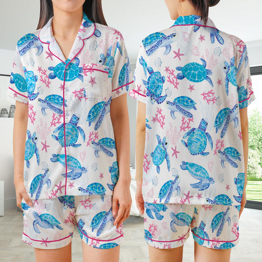 Cute Undersea Turtle Pajamas Set, Summer Vibes Pajama Sleepwear Short Long Sleeve Pajama Set, Sea Turtle Home Wear, Turtle Lover Gift