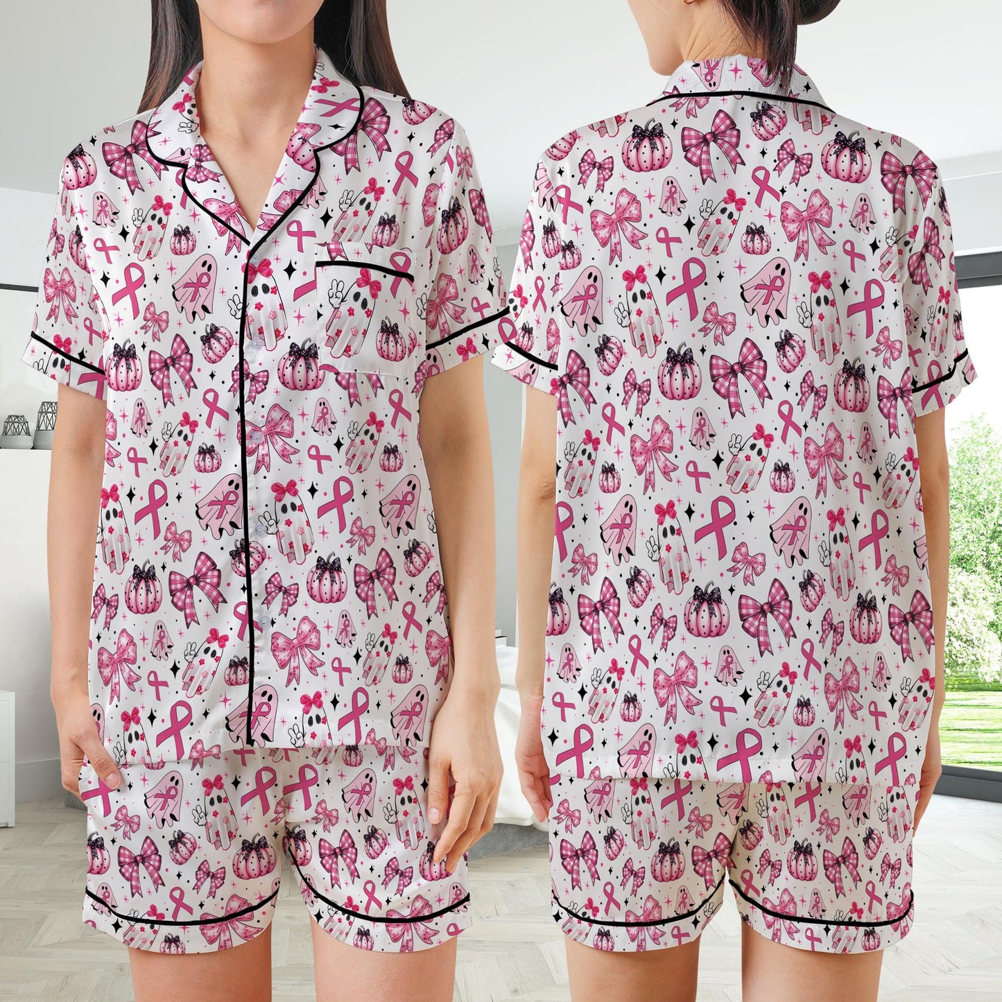 Cute Boo To Cancer Satin Pajamas Set, October Breast Cancer Awareness Pajama Set, Pink Ribbon Sleepwear, Coquette Breast Cancer Halloween