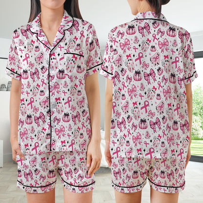 Cute Boo To Cancer Satin Pajamas Set, October Breast Cancer Awareness Pajama Set, Pink Ribbon Sleepwear, Coquette Breast Cancer Halloween