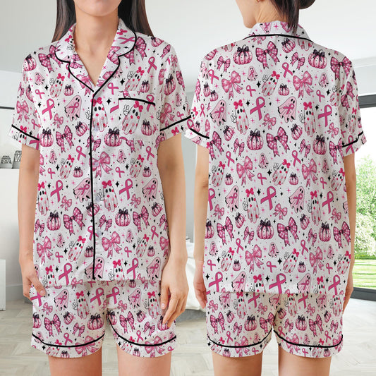 Cute Boo To Cancer Satin Pajamas Set, October Breast Cancer Awareness Pajama Set, Pink Ribbon Sleepwear, Coquette Breast Cancer Halloween