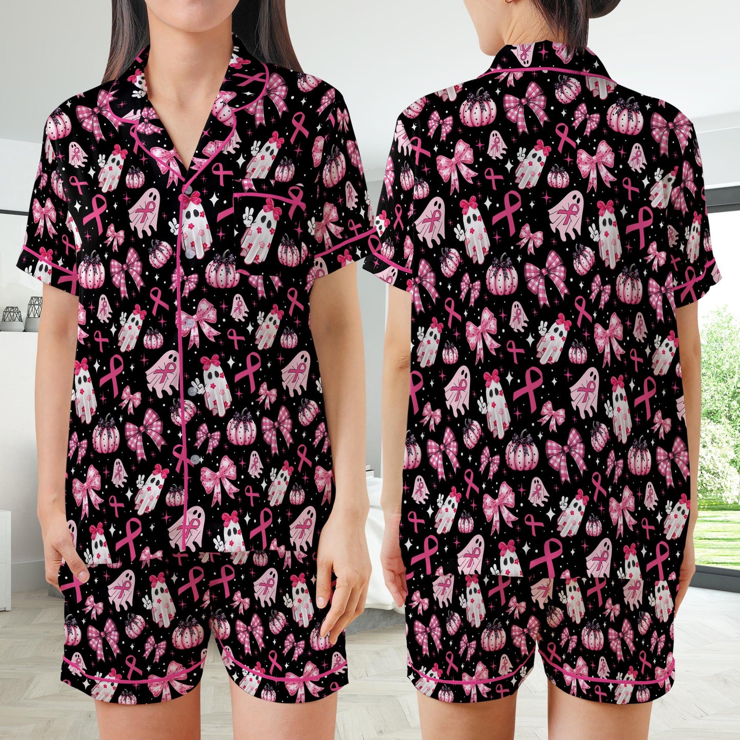 Cute Boo To Cancer Satin Pajamas Set, October Breast Cancer Awareness Pajama Set, Pink Ribbon Sleepwear, Coquette Breast Cancer Halloween