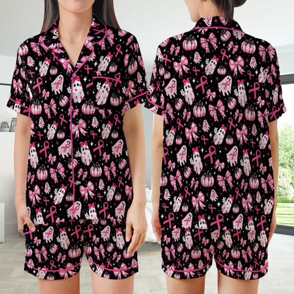 Cute Boo To Cancer Satin Pajamas Set, October Breast Cancer Awareness Pajama Set, Pink Ribbon Sleepwear, Coquette Breast Cancer Halloween