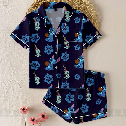 Stitch Aloha Hawaiian Unisex Satin Pajamas Set, Spooky Season Pajamas , Long Sleeve And Short Styles