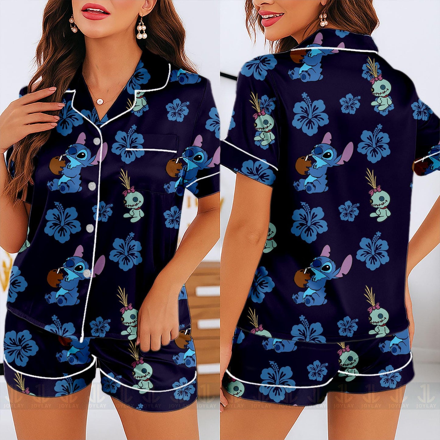 Stitch Aloha Hawaiian Unisex Satin Pajamas Set, Spooky Season Pajamas , Long Sleeve And Short Styles