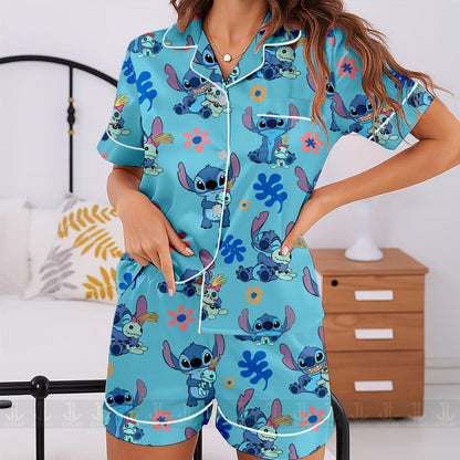 Stitch Ohaha Unisex Satin Pajamas Set, Spooky Season Pajamas , Long Sleeve And Short Styles