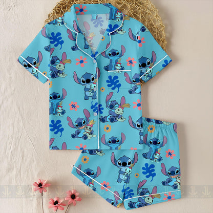 Stitch Ohaha Unisex Satin Pajamas Set, Spooky Season Pajamas , Long Sleeve And Short Styles