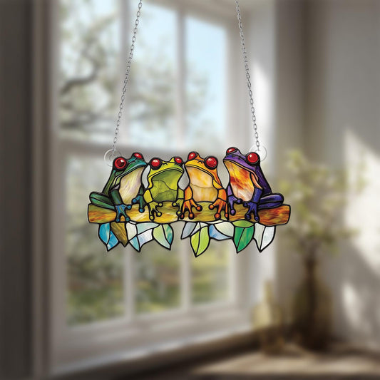Colorful Frog Family on a Branch Window Hanging Decoration, Bright and Playful Home Decor for Nature Lovers