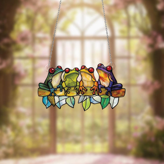 Colorful Frog Family on a Branch Window Hanging Decoration, Bright and Playful Home Decor for Nature Lovers