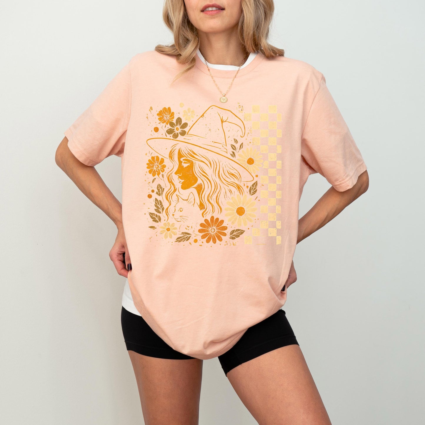 Checkered Witchy Shirt, Checkered Halloween Shirt, Floral Witchy Sweatshirt, Feminism Halloween T-Shirt, Womens Retro Boho Floral Witch Tee