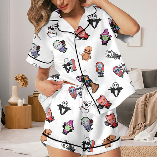 Chibi Horror Movie Pajama Set – Cute Halloween Sleepwear Featuring Jack, Sally, and Spooky Cartoon Monsters, Women’s Horror Loungewear
