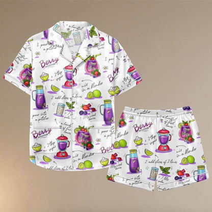 Berry Lemonade Satin Pajama Set, Summer Recipe Print PJs for Women, Button Up Short Sleeve Sleepwear, Cute Foodie Loungewear