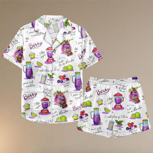 Berry Lemonade Satin Pajama Set, Summer Recipe Print PJs for Women, Button Up Short Sleeve Sleepwear, Cute Foodie Loungewear