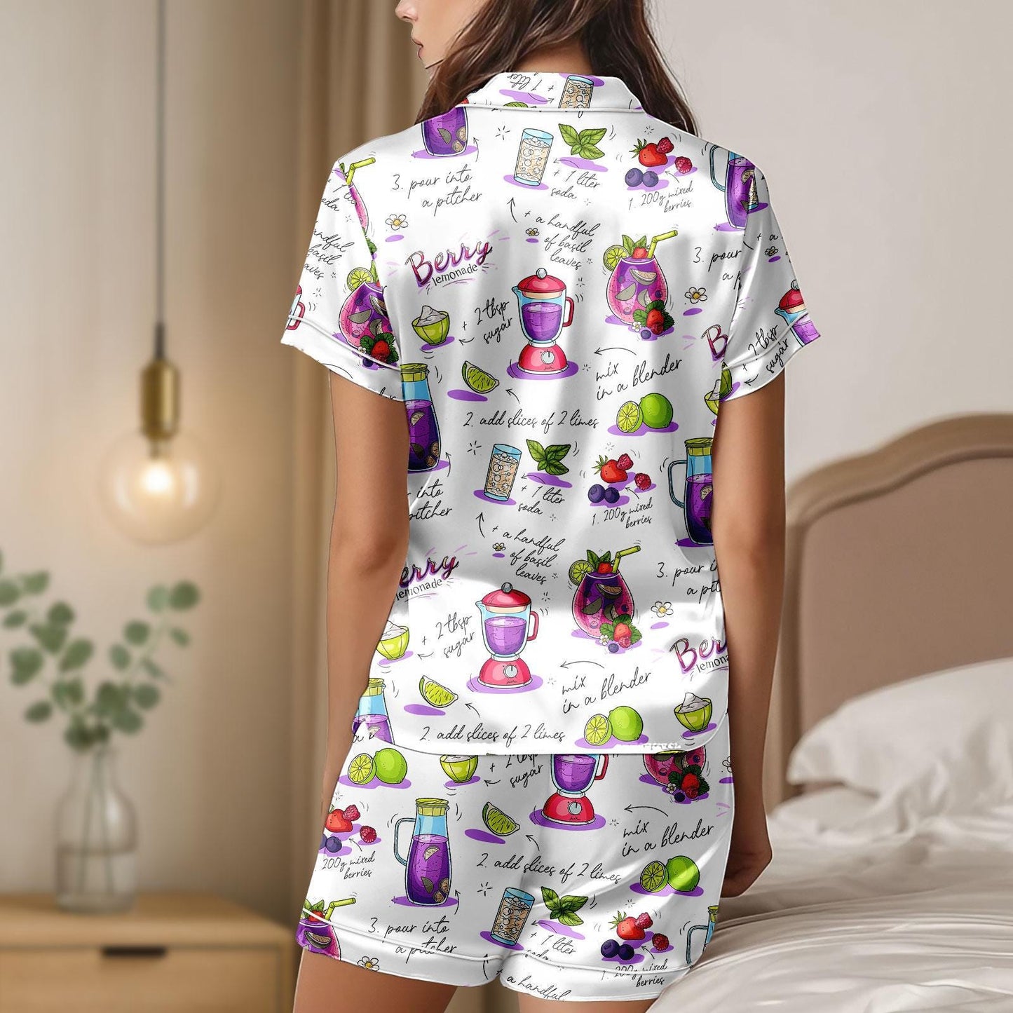 Berry Lemonade Satin Pajama Set, Summer Recipe Print PJs for Women, Button Up Short Sleeve Sleepwear, Cute Foodie Loungewear