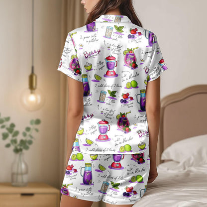 Berry Lemonade Satin Pajama Set, Summer Recipe Print PJs for Women, Button Up Short Sleeve Sleepwear, Cute Foodie Loungewear