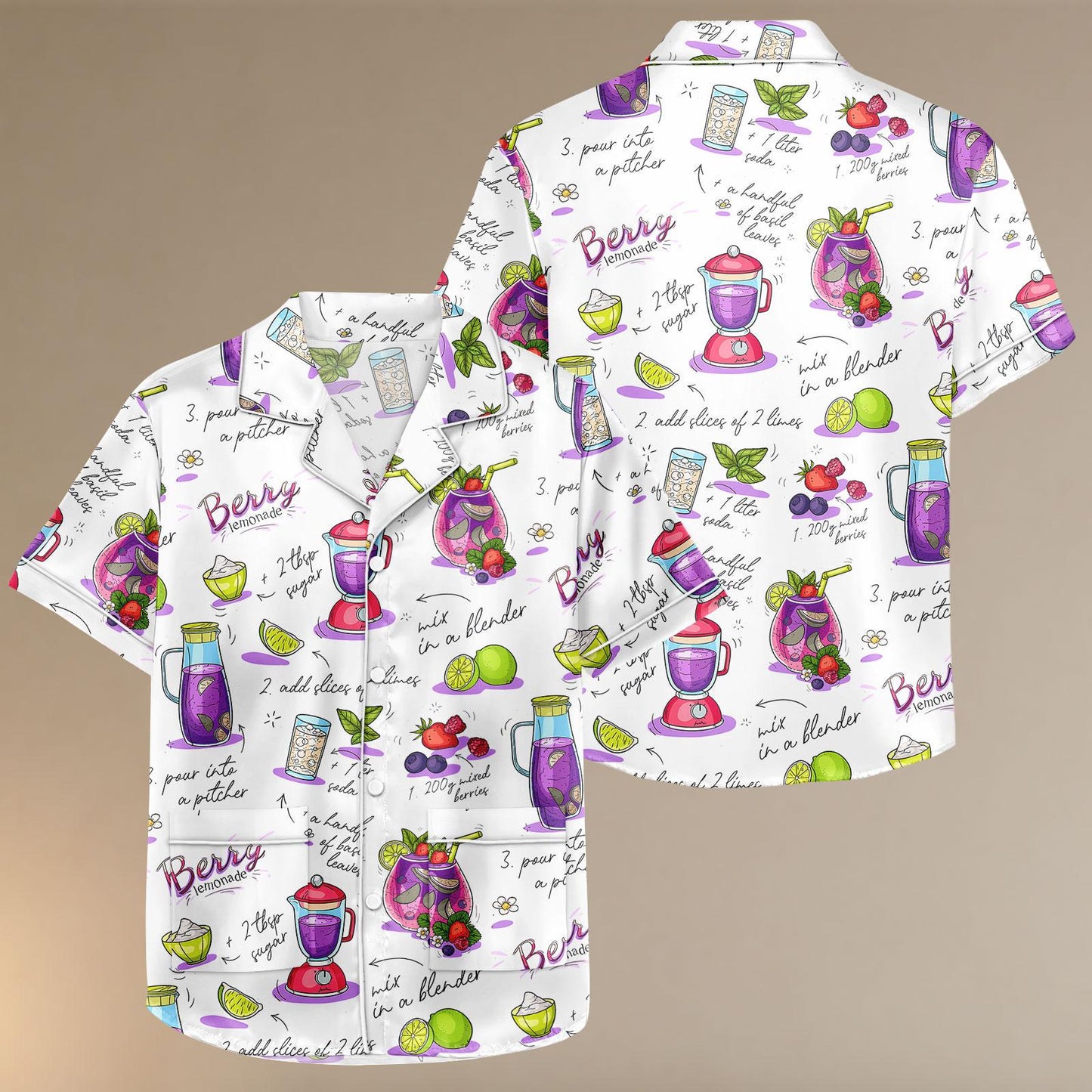 Berry Lemonade Satin Pajama Set, Summer Recipe Print PJs for Women, Button Up Short Sleeve Sleepwear, Cute Foodie Loungewear